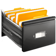 A black file drawer, epitomizing efficient document management with a nod to New York IT's innovation, holds orange and yellow folders, its sleek design partially open to reveal the vibrancy and organization within.