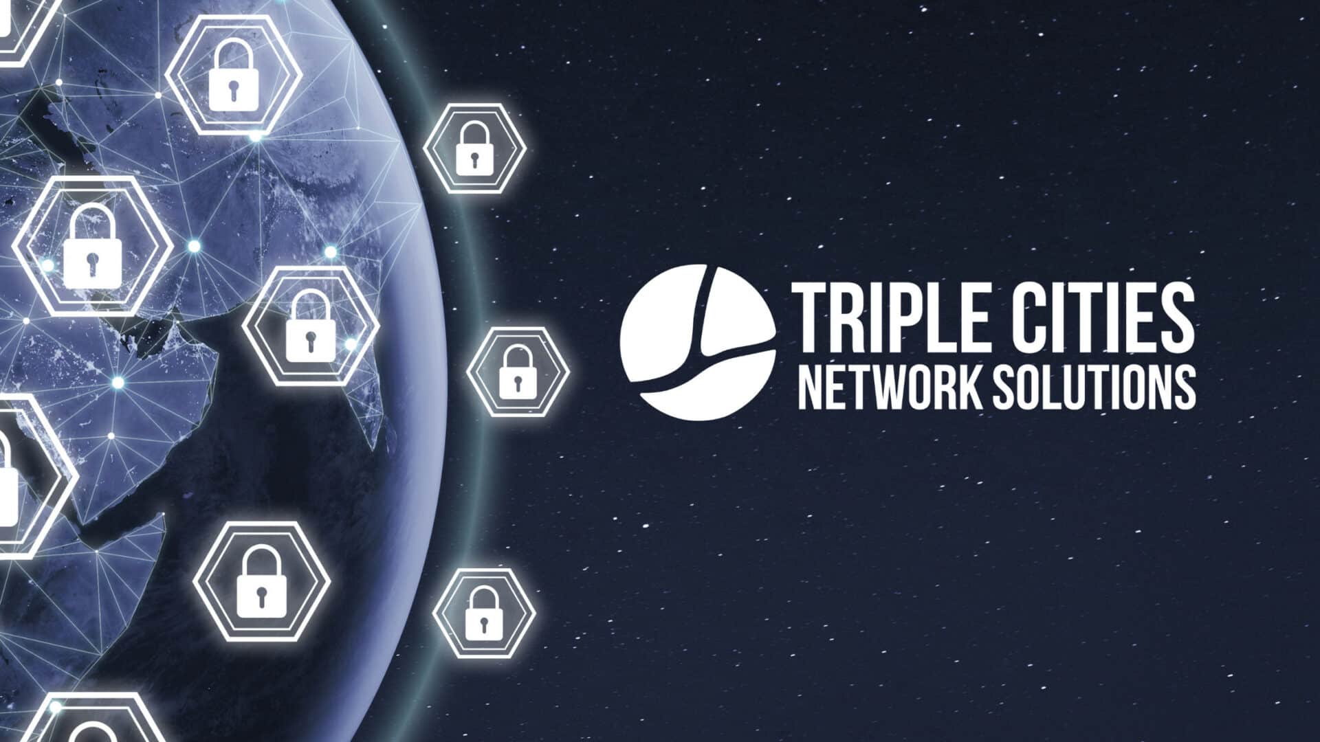 Certainly! Here’s a revised version that includes New York IT: A digital image of Earth with hexagonal lock icons connected by lines, symbolizing protection against O365 Token Theft, alongside the logos and text "Triple Cities Network Solutions" and "New York IT," set against a dark starry background.